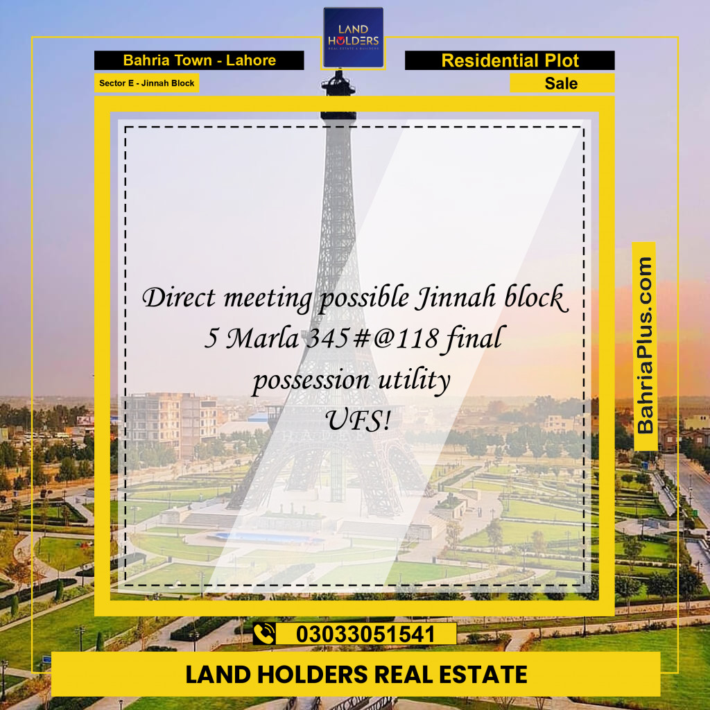 5 Marla Residential Plot for Sale in Sector E - Jinnah Block -  Bahria Town, Lahore - (BP-313293)