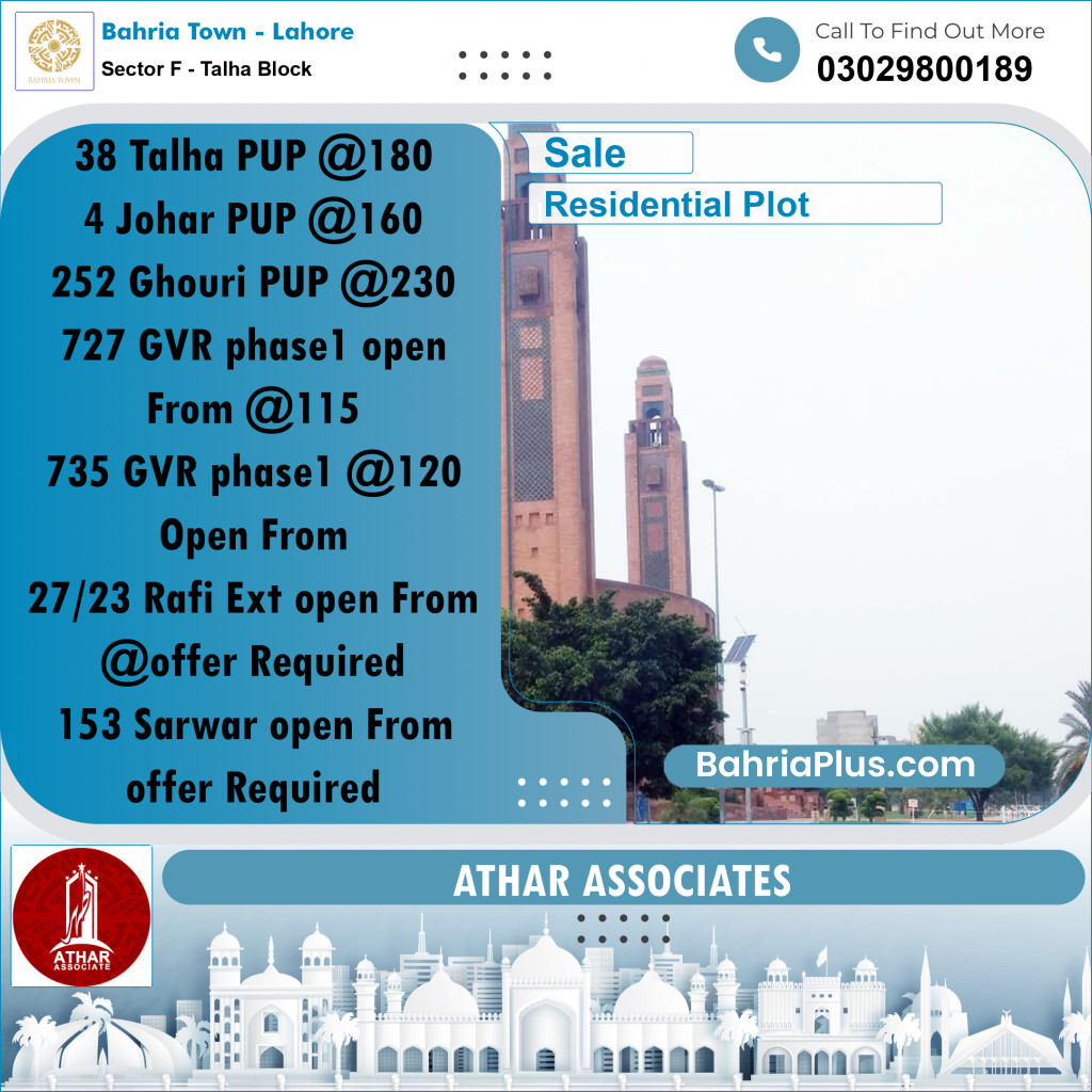 10 Marla Residential Plot for Sale in Sector F - Talha Block -  Bahria Town, Lahore - (BP-313344)