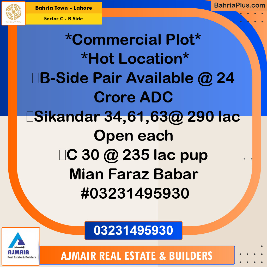 16 Marla Commercial Plot for Sale in Sector C - B Side -  Bahria Town, Lahore - (BP-313434)