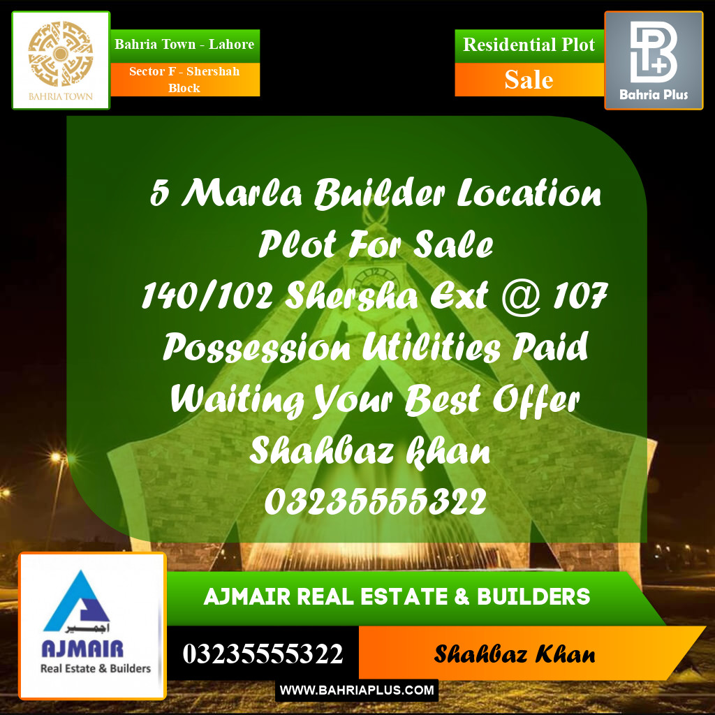 5 Marla Residential Plot for Sale in Sector F - Shershah Block -  Bahria Town, Lahore - (BP-313499)