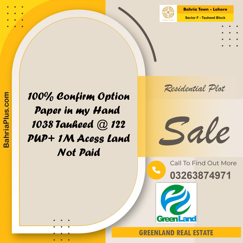 10 Marla Residential Plot for Sale in Sector F - Tauheed Block -  Bahria Town, Lahore - (BP-313592)