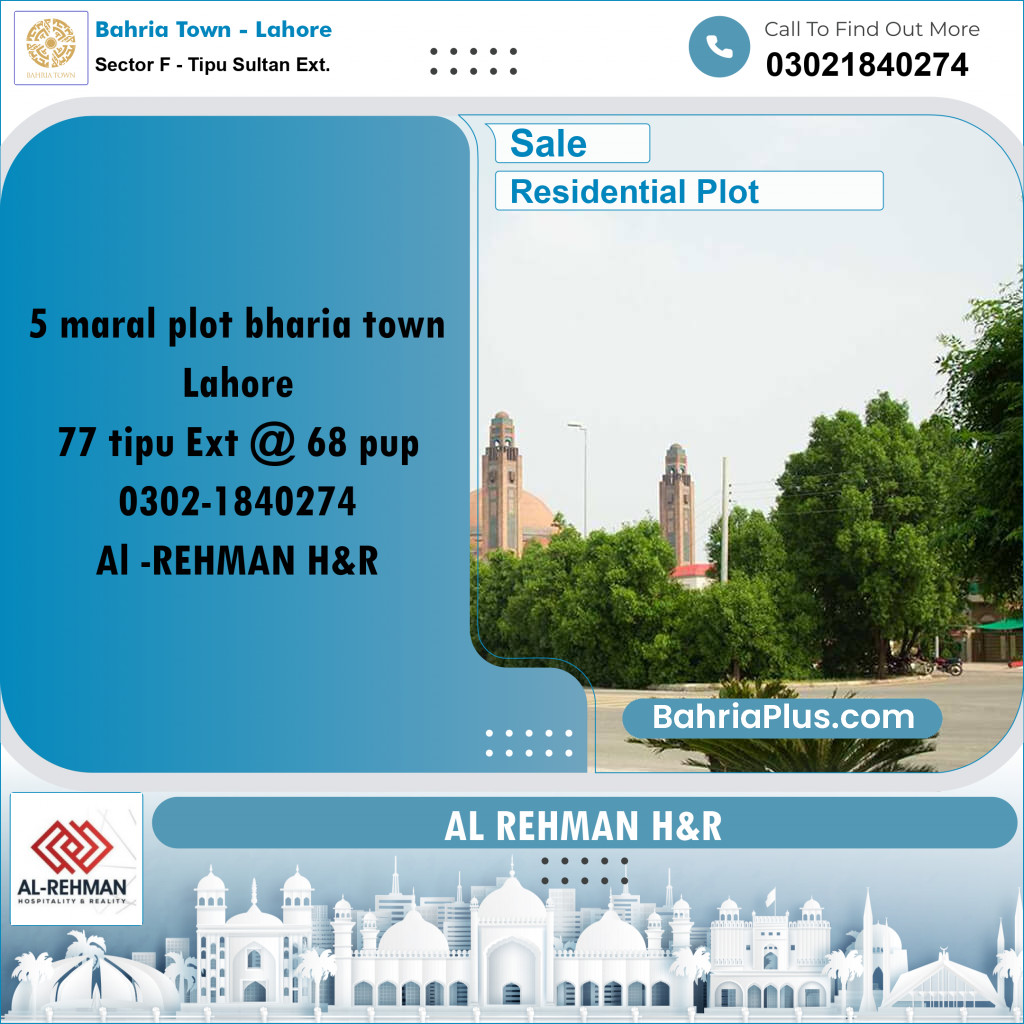 5 Marla Residential Plot for Sale in Sector F - Tipu Sultan Ext. -  Bahria Town, Lahore - (BP-313619)