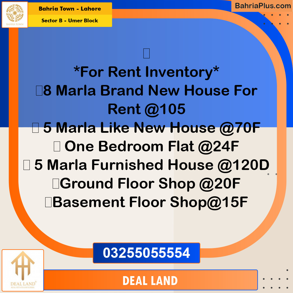 Residential House for Rent in Sector B - Umer Block -  Bahria Town, Lahore - (BP-313630)