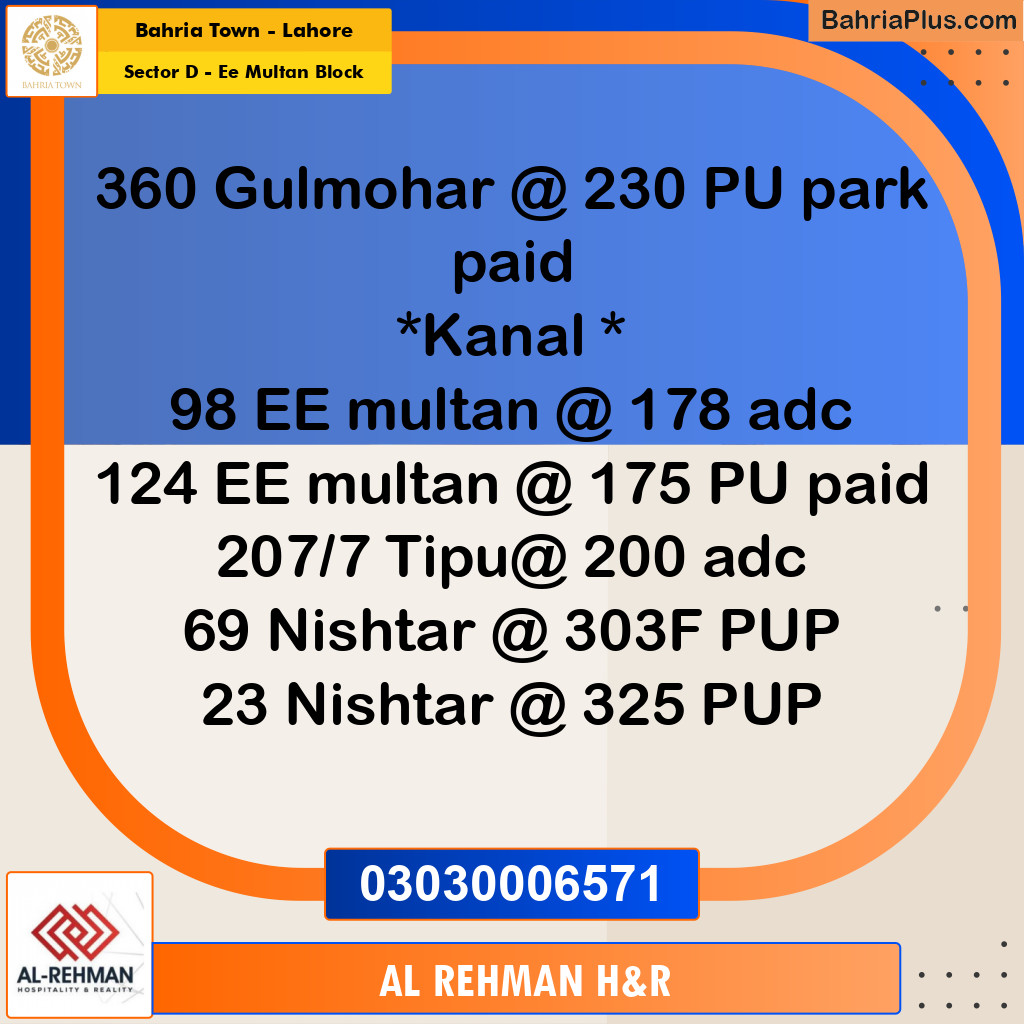 1 Kanal Residential Plot for Sale in Sector D - EE Multan Block -  Bahria Town, Lahore - (BP-313659)