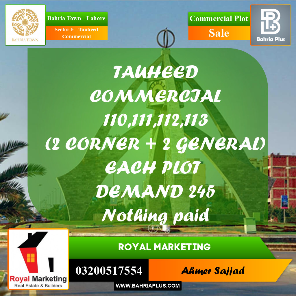 Commercial Plot for Sale in Sector F - Tauheed Commercial -  Bahria Town, Lahore - (BP-313768)