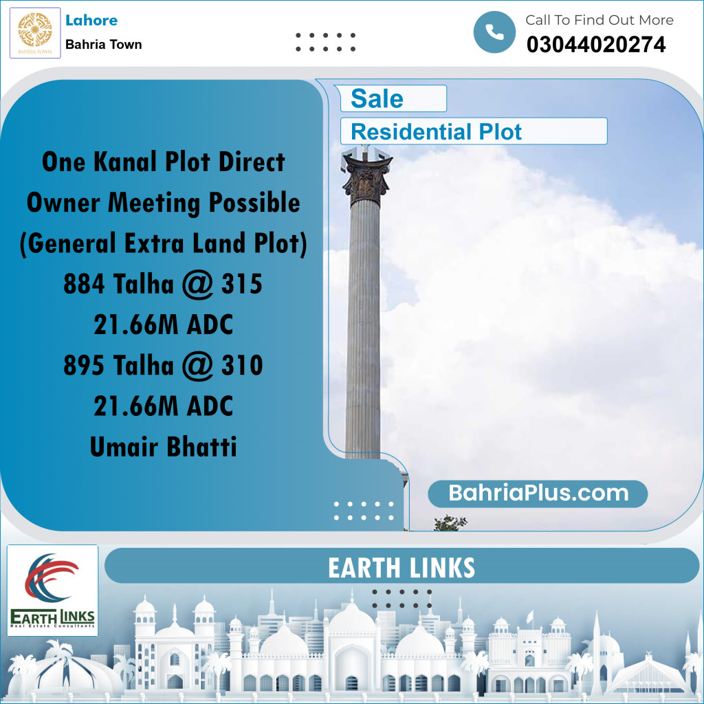 1 Kanal Residential Plot for Sale in Bahria Town, Lahore - (BP-313774)