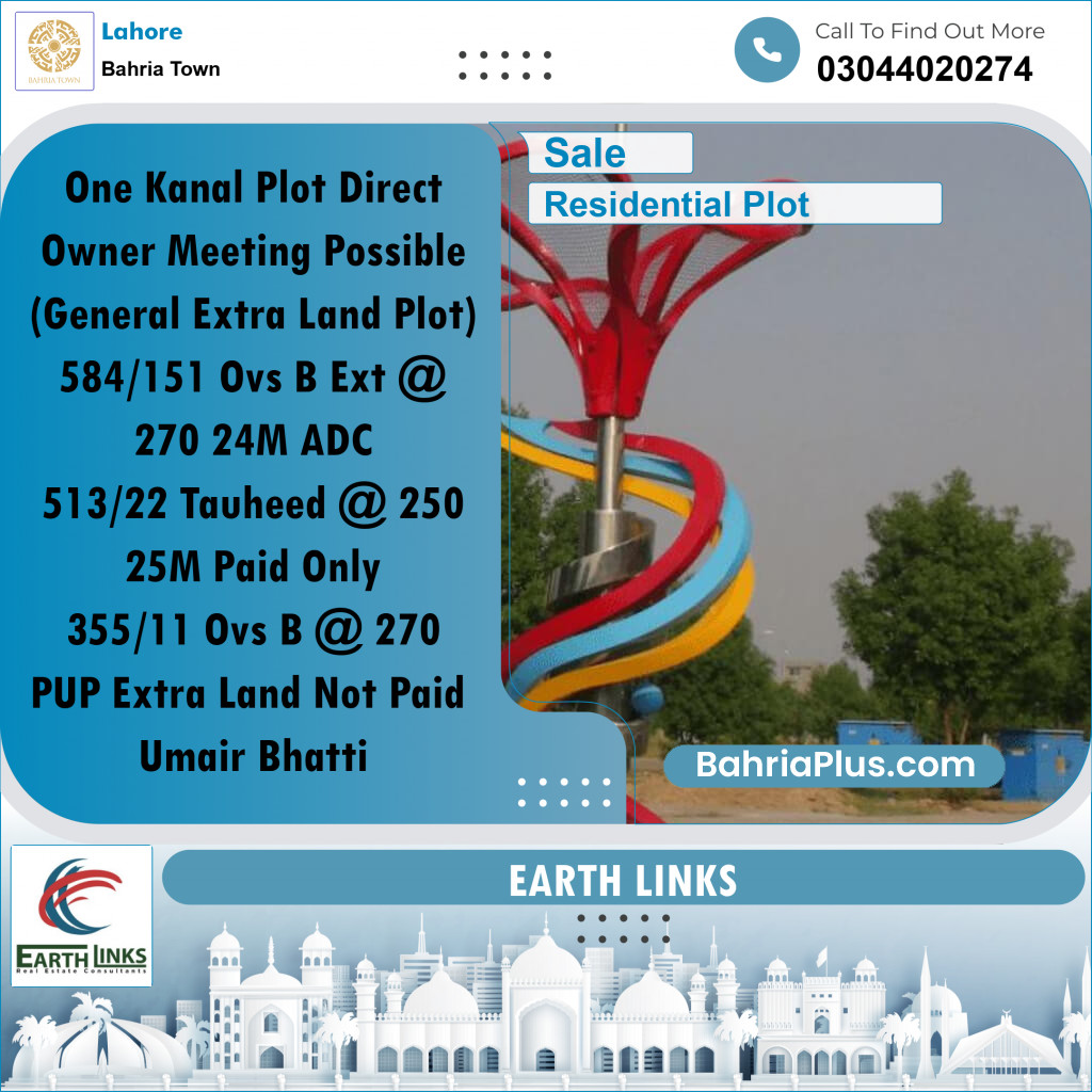 1 Kanal Residential Plot for Sale in Bahria Town, Lahore - (BP-313776)