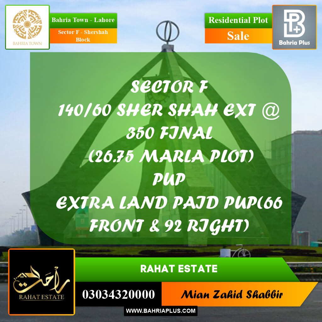 26 Marla Residential Plot for Sale in Sector F - Shershah Block -  Bahria Town, Lahore - (BP-313817)