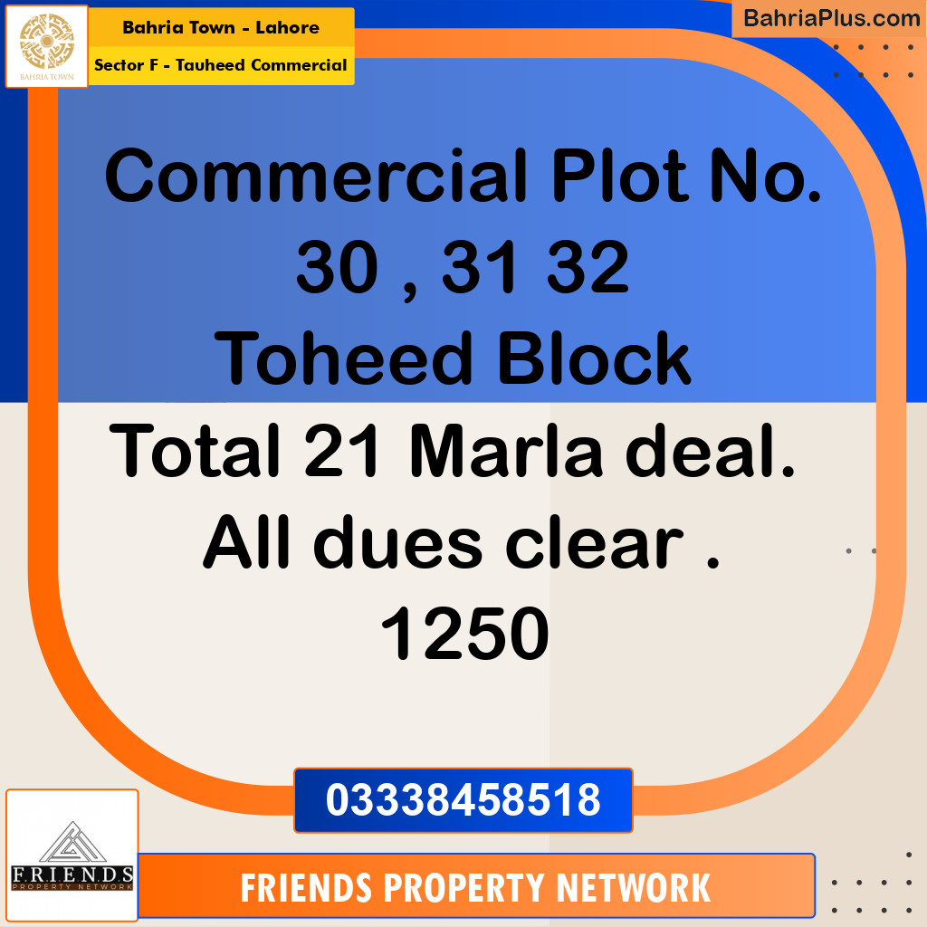 21 Marla Commercial Plot for Sale in Sector F - Tauheed Commercial -  Bahria Town, Lahore - (BP-313831)