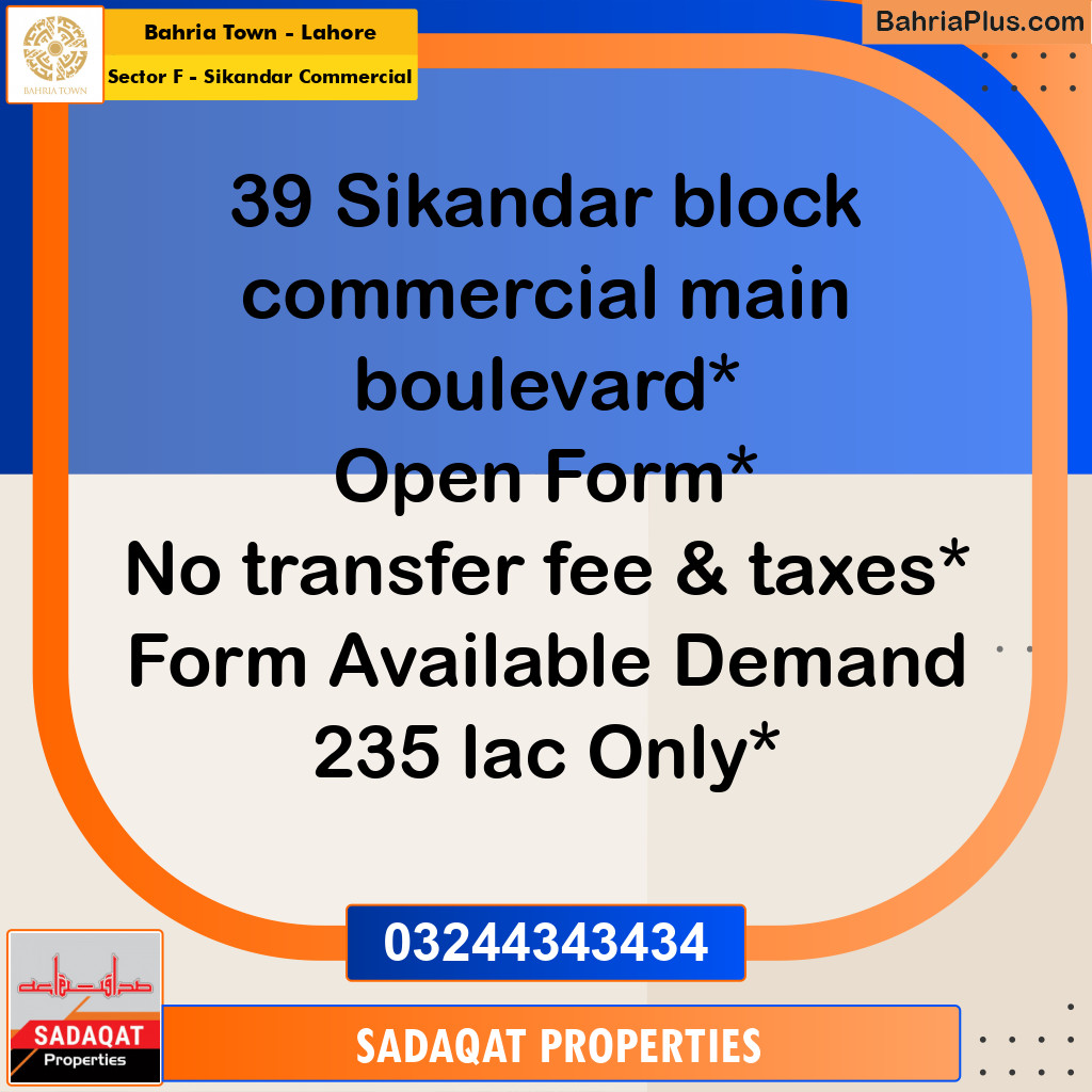 5 Marla Commercial Plot for Sale in Sector F - Sikandar Commercial -  Bahria Town, Lahore - (BP-314445)
