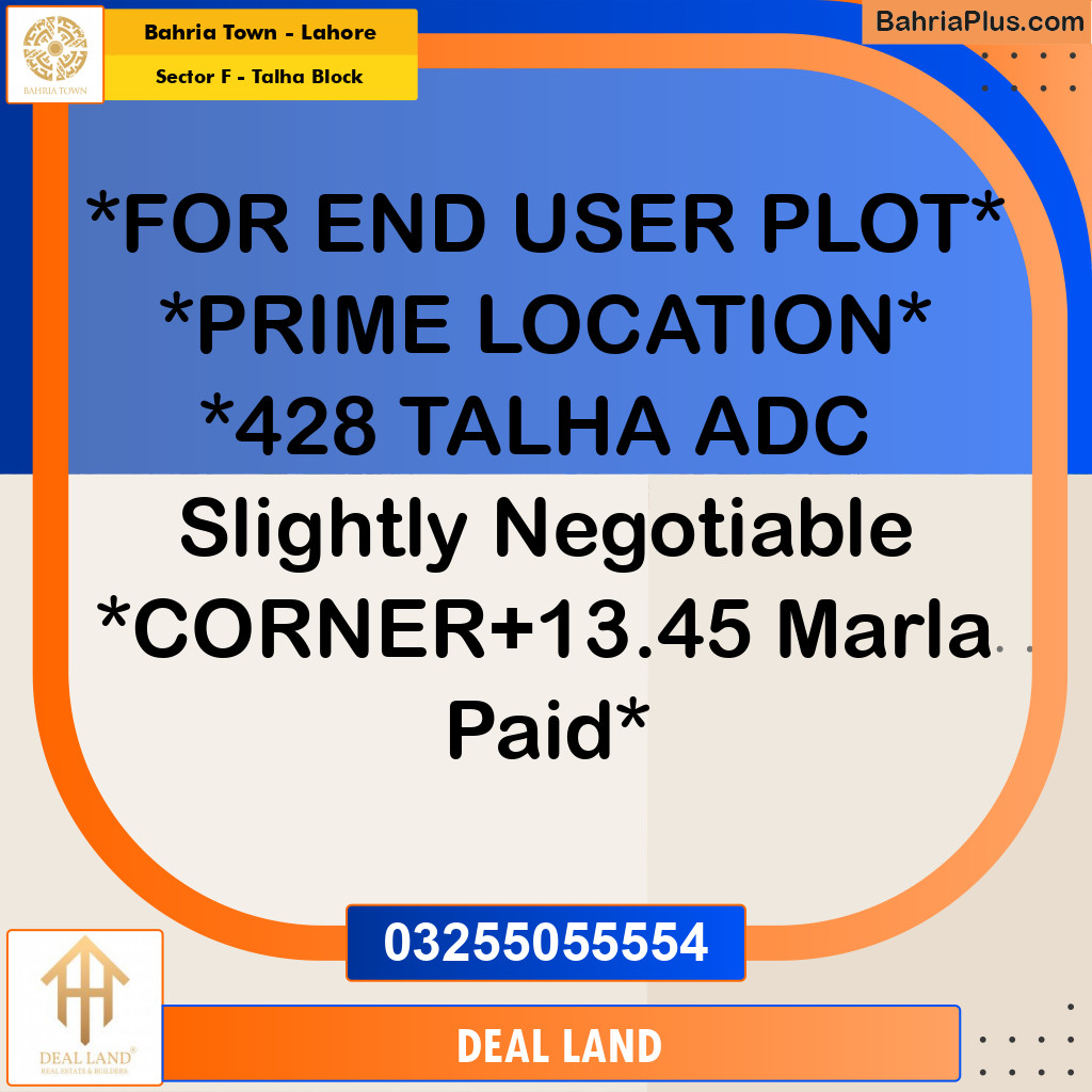 13.45 Marla Residential Plot for Sale in Sector F - Talha Block -  Bahria Town, Lahore - (BP-314483)