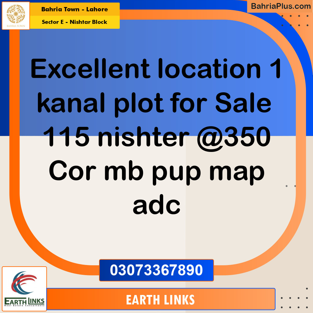 20 Marla Residential Plot for Sale in Sector E - Nishtar Block -  Bahria Town, Lahore - (BP-314501)