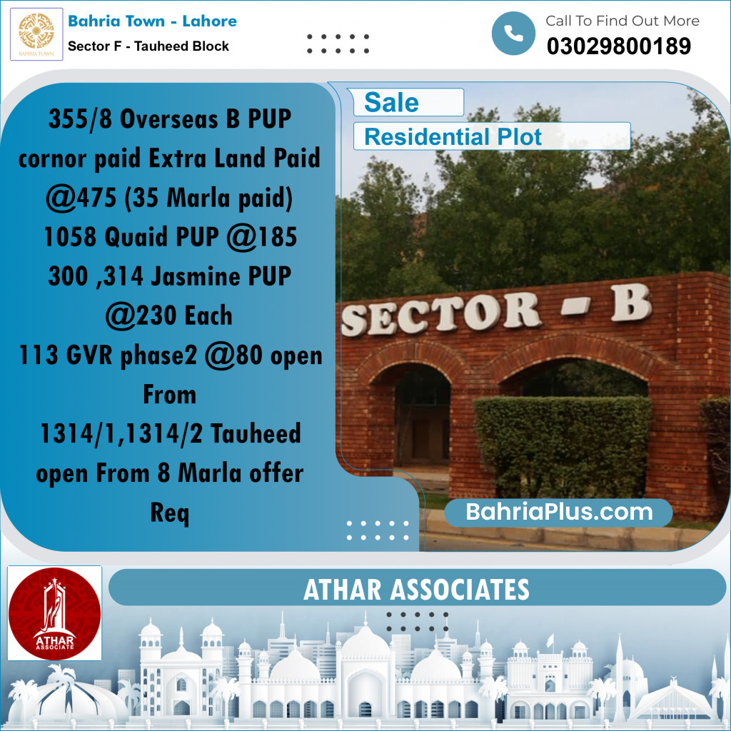 8 Marla Residential Plot for Sale in Sector F - Tauheed Block -  Bahria Town, Lahore - (BP-314692)