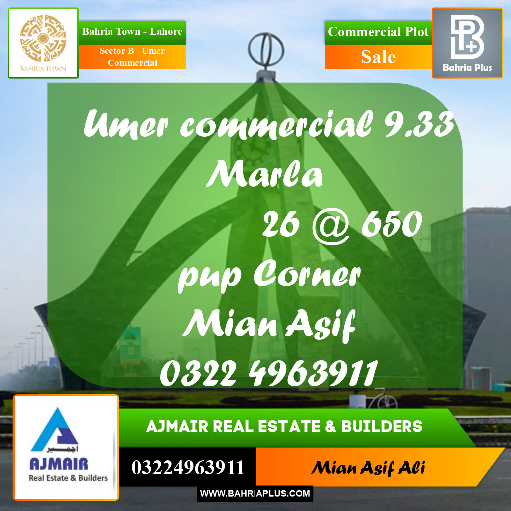 Commercial Plot for Sale in Sector B - Umer Commercial -  Bahria Town, Lahore - (BP-315561)