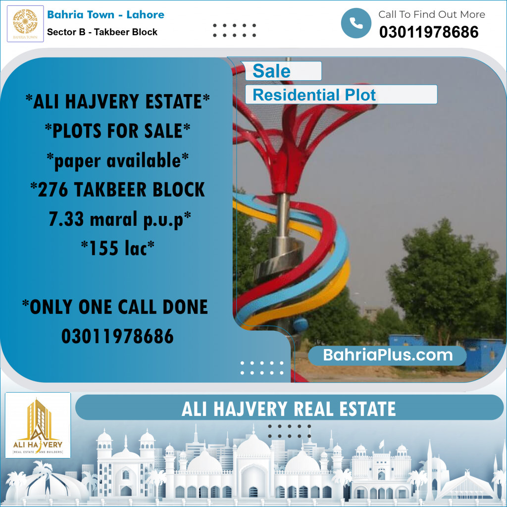 7 Marla Residential Plot for Sale in Sector B - Takbeer Block -  Bahria Town, Lahore - (BP-315714)