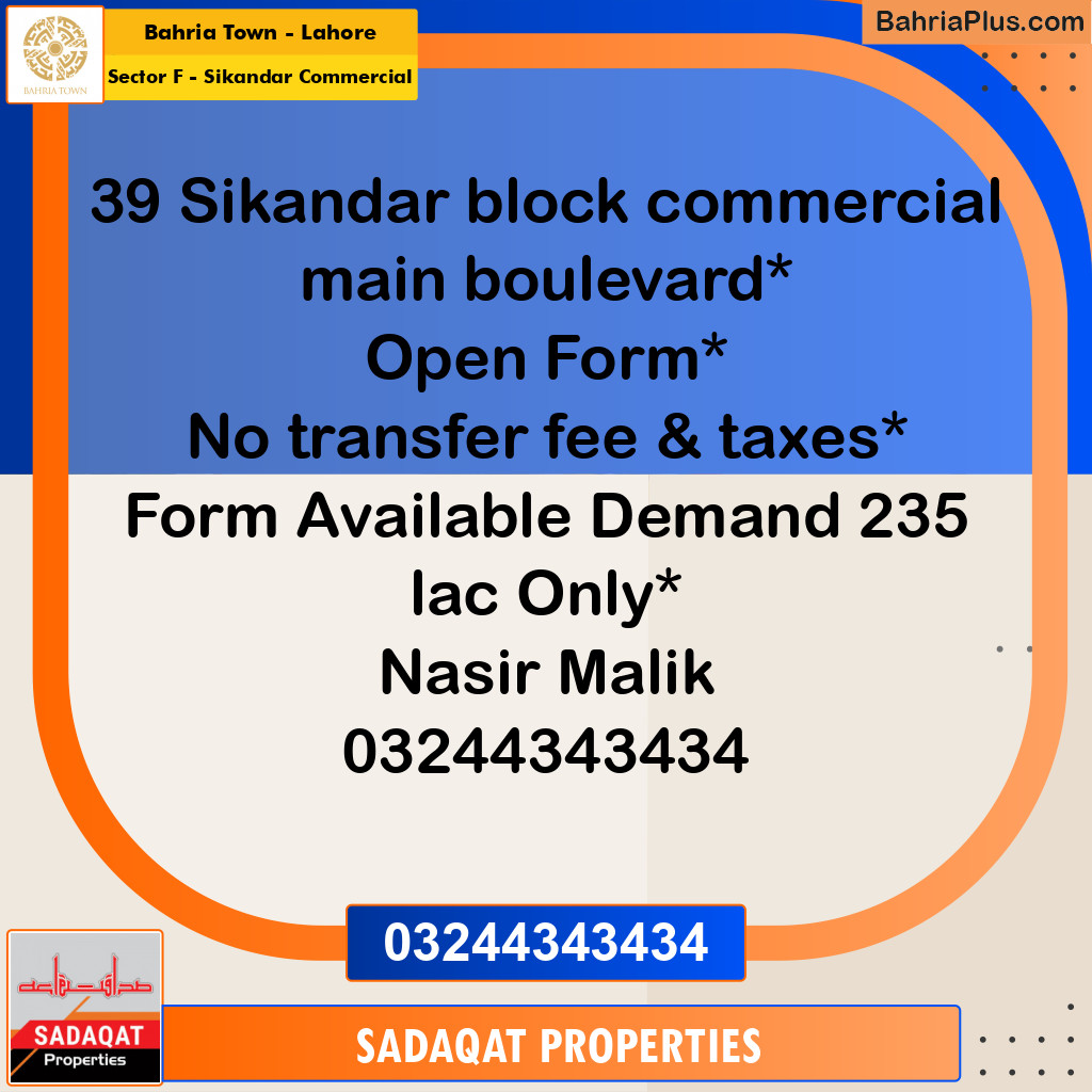 5 Marla Commercial Plot for Sale in Sector F - Sikandar Commercial -  Bahria Town, Lahore - (BP-315720)