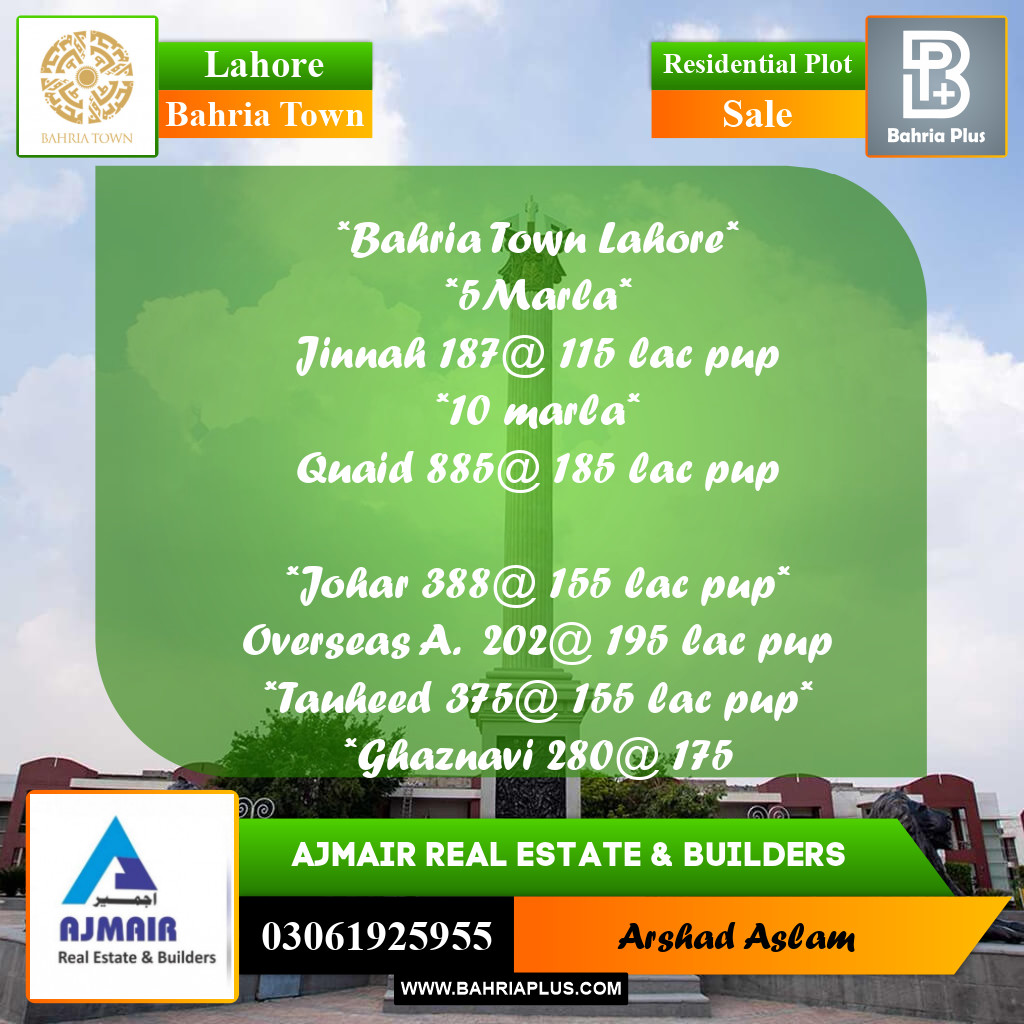 Residential Plot for Sale in Bahria Town, Lahore - (BP-315890)