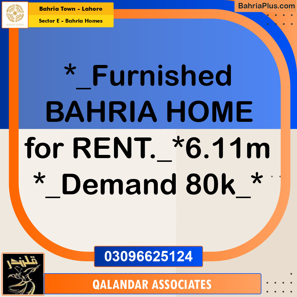 6.11 Marla Residential House for Rent in Sector E - Bahria Homes -  Bahria Town, Lahore - (BP-315932)