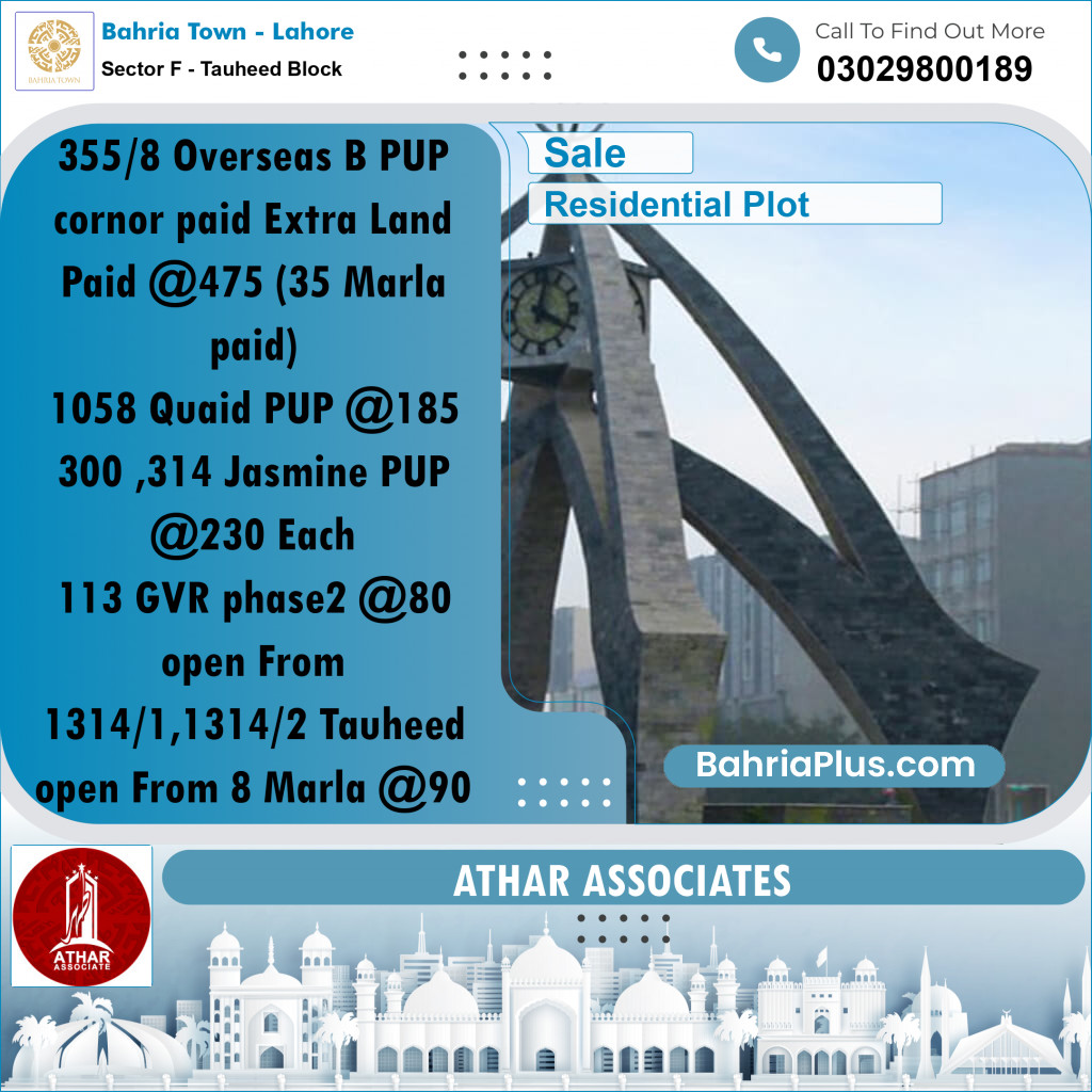 8 Marla Residential Plot for Sale in Sector F - Tauheed Block -  Bahria Town, Lahore - (BP-315967)