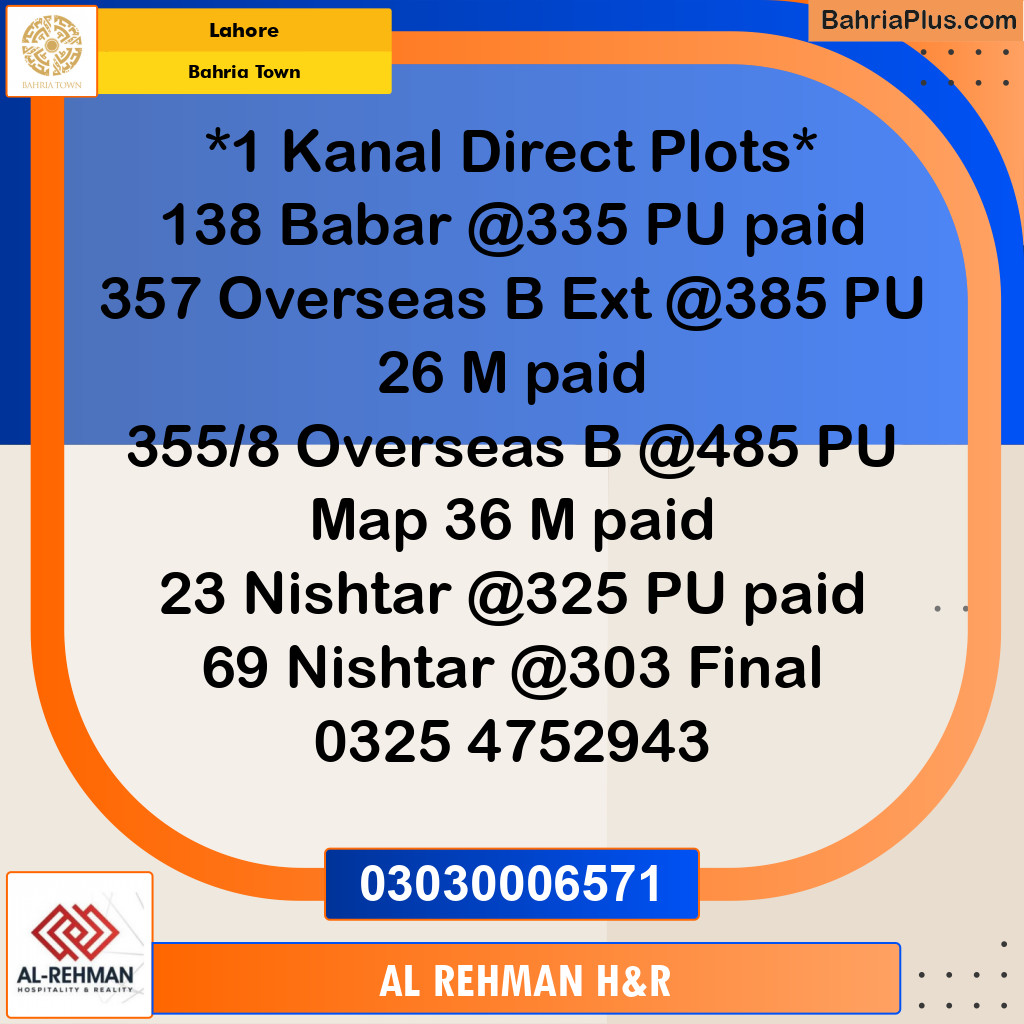1 Kanal Residential Plot for Sale in Bahria Town, Lahore - (BP-315987)