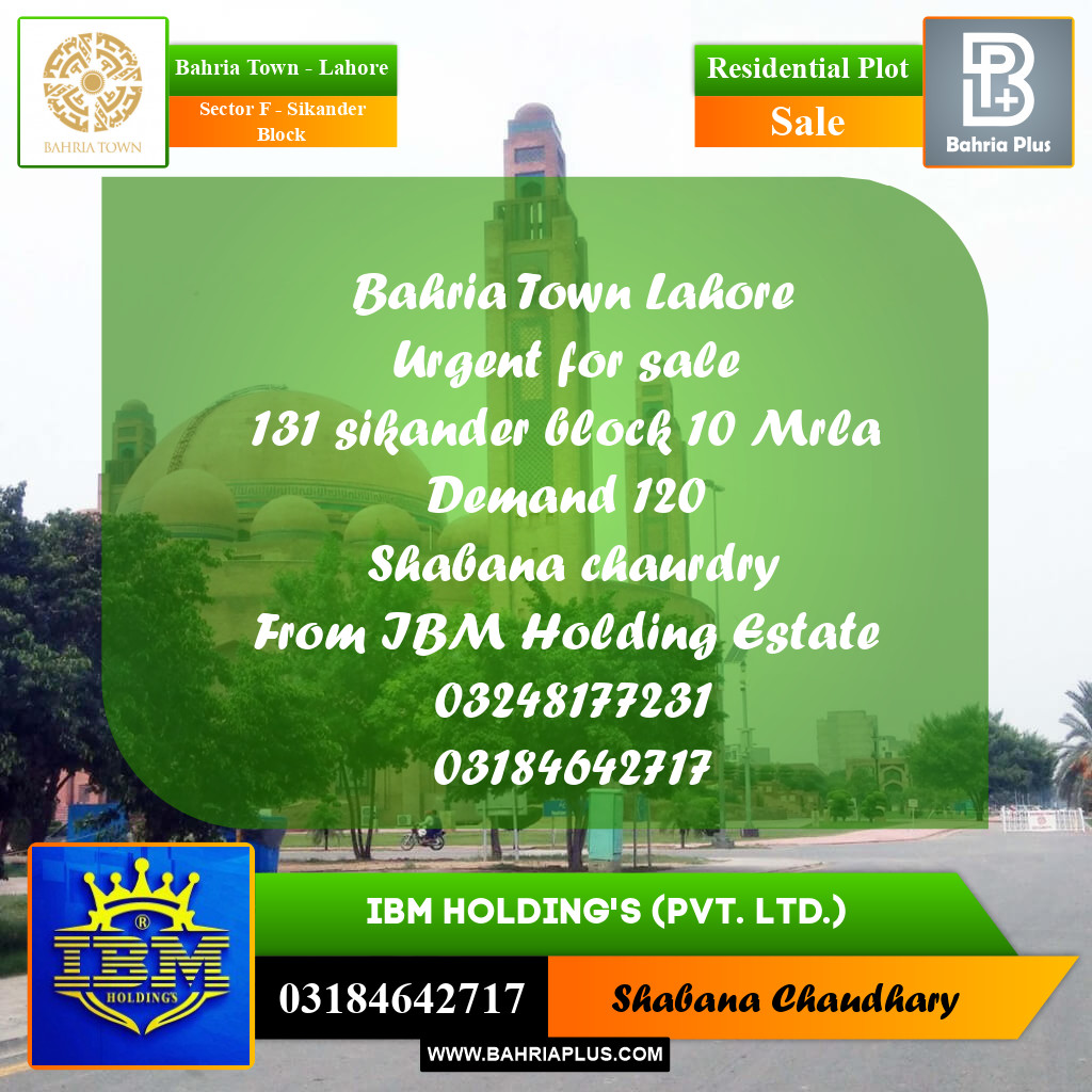 10 Marla Residential Plot for Sale in Sector F - Sikander Block -  Bahria Town, Lahore - (BP-316142)