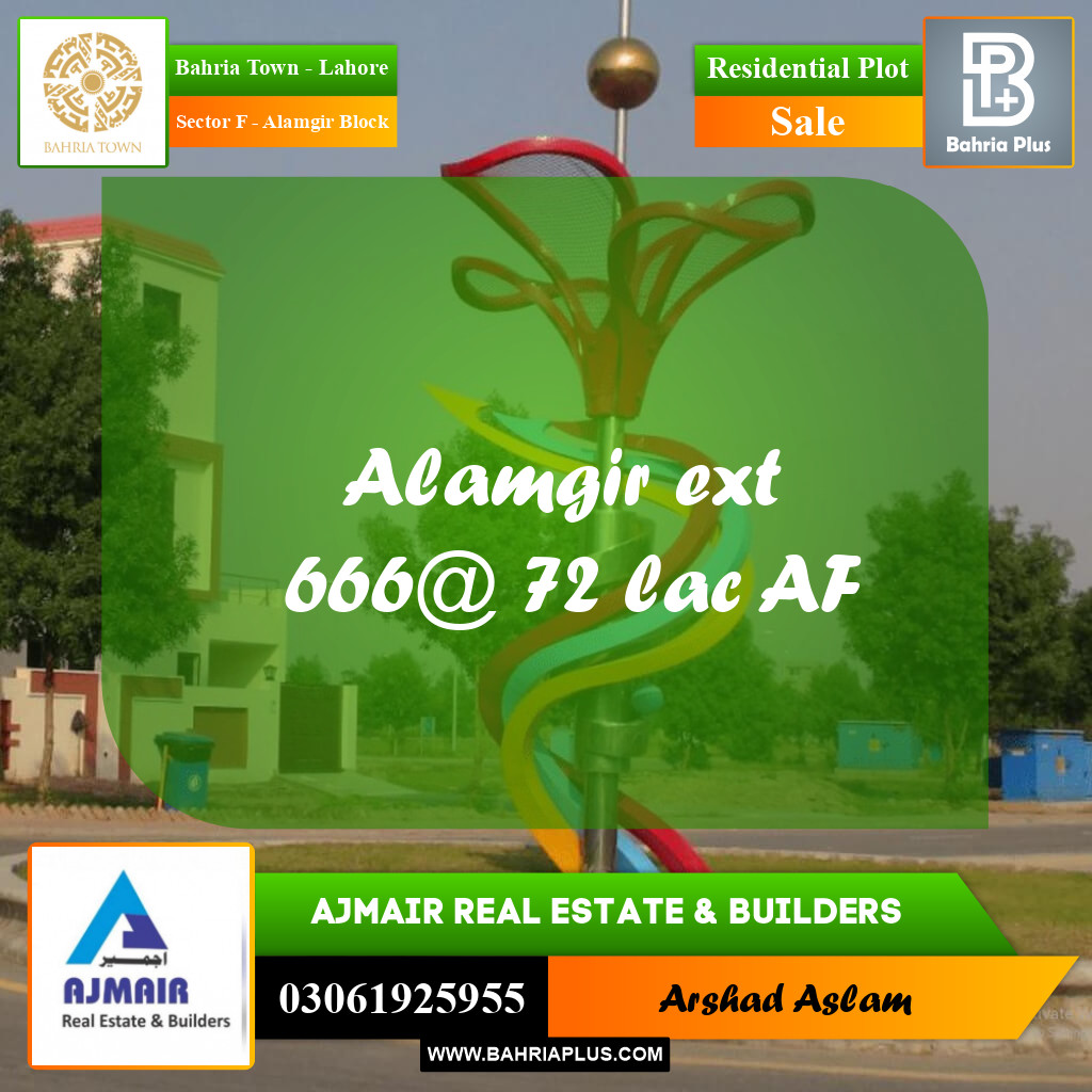 Residential Plot for Sale in Sector F - Alamgir Block -  Bahria Town, Lahore - (BP-316271)