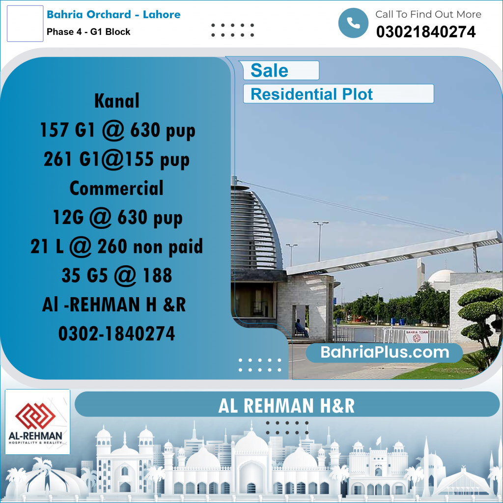 1 Marla Residential Plot for Sale in Phase 4 - G1 Block -  Bahria Orchard, Lahore - (BP-316275)