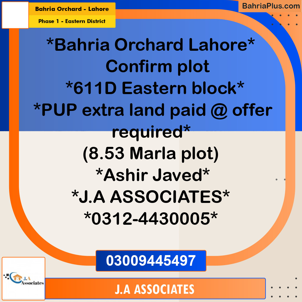 8.53 Marla Residential Plot for Sale in Phase 1 - Eastern District -  Bahria Orchard, Lahore - (BP-316308)
