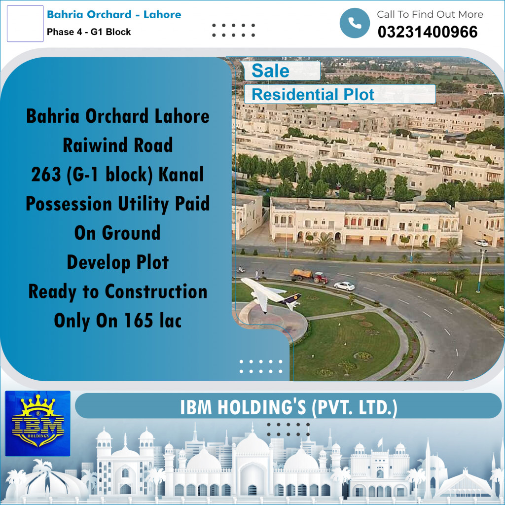 1 Kanal Residential Plot for Sale in Phase 4 - G1 Block -  Bahria Orchard, Lahore - (BP-316366)