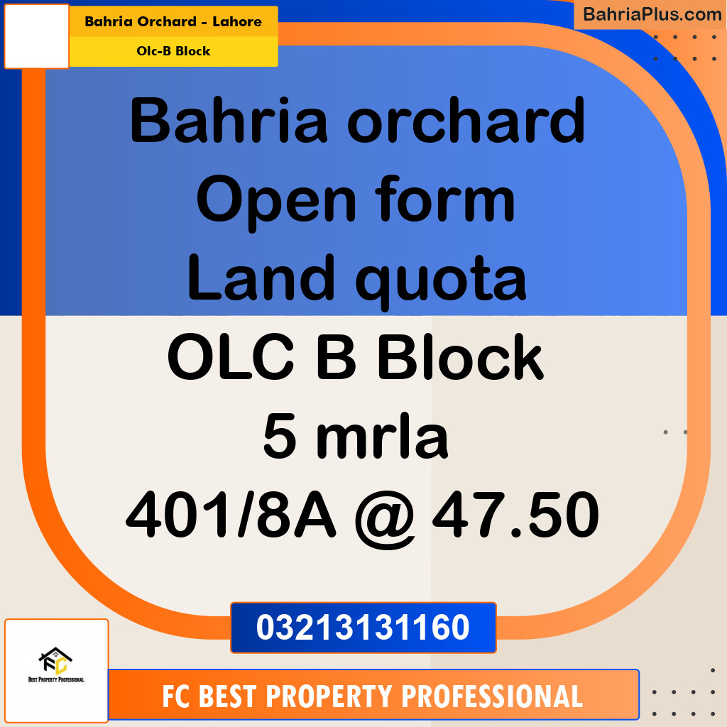 5 Marla Residential Plot for Sale in OLC-B Block -  Bahria Orchard, Lahore - (BP-316378)