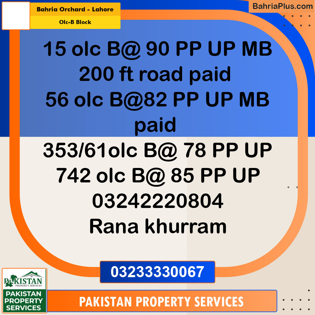 8 Marla Residential Plot for Sale in OLC-B Block -  Bahria Orchard, Lahore - (BP-316391)