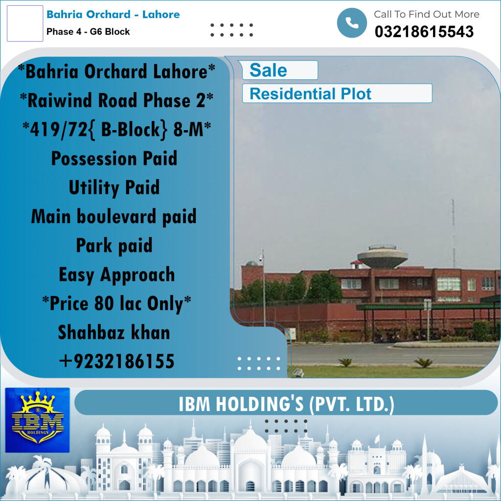 8 Marla Residential Plot for Sale in Phase 4 - G6 Block -  Bahria Orchard, Lahore - (BP-316408)