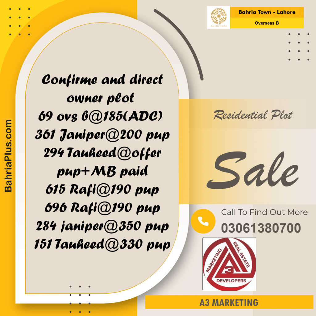 10 Marla Residential Plot for Sale in Overseas B -  Bahria Town, Lahore - (BP-316446)
