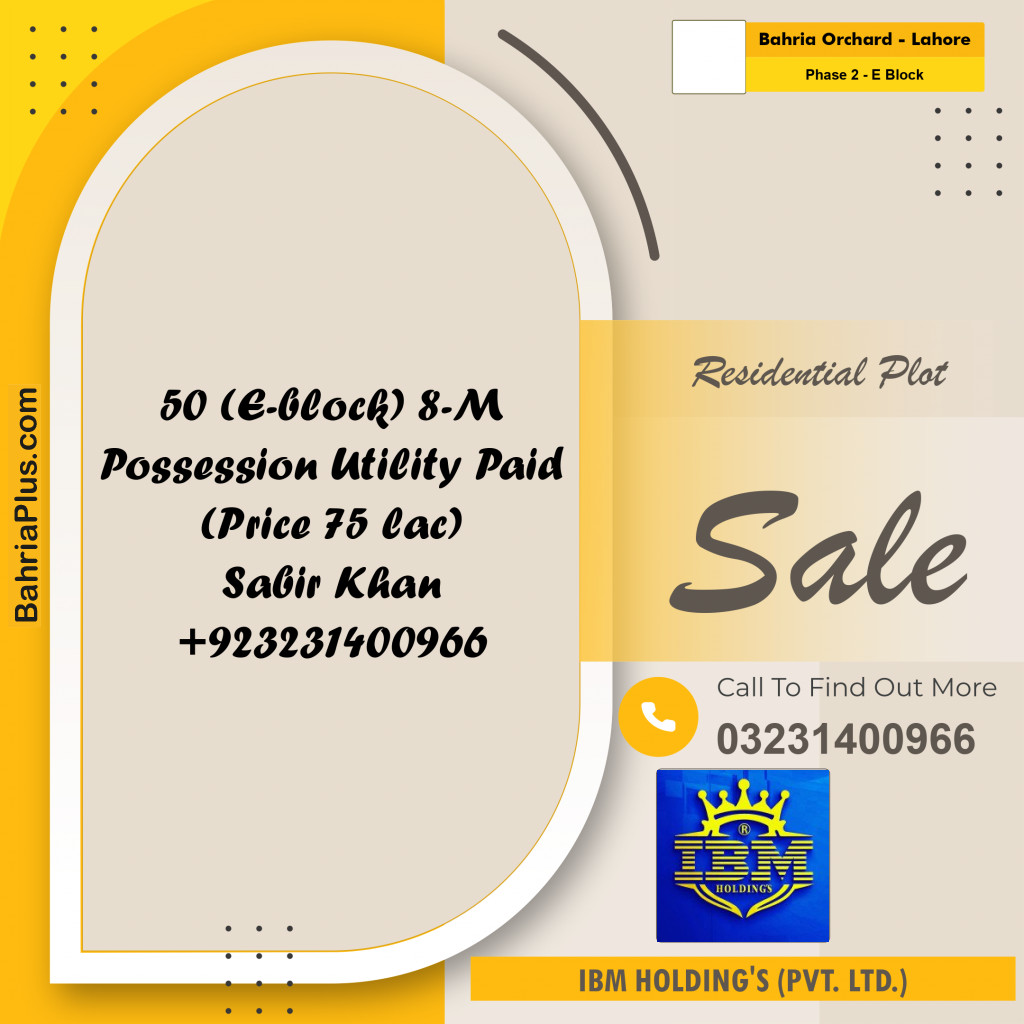 8 Marla Residential Plot for Sale in Phase 2 - E Block -  Bahria Orchard, Lahore - (BP-316495)
