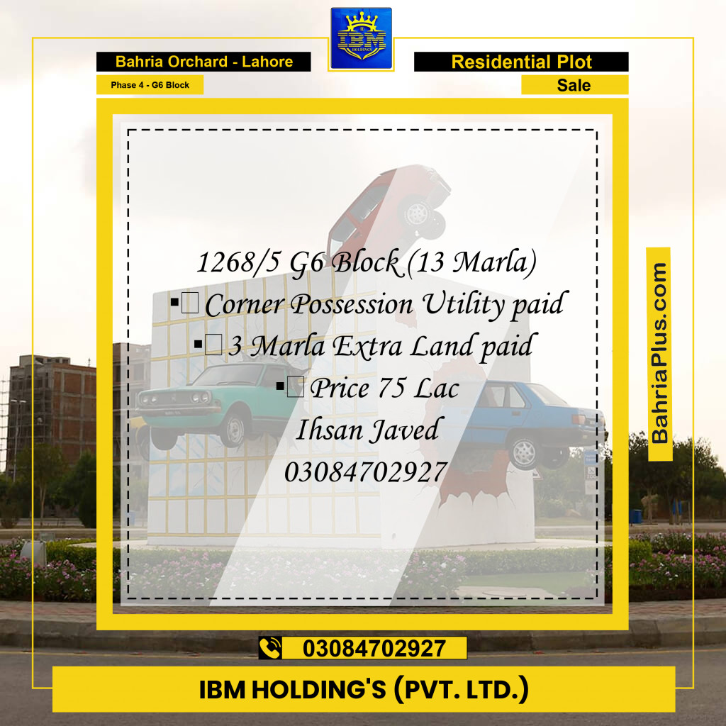 13 Marla Residential Plot for Sale in Phase 4 - G6 Block -  Bahria Orchard, Lahore - (BP-316539)