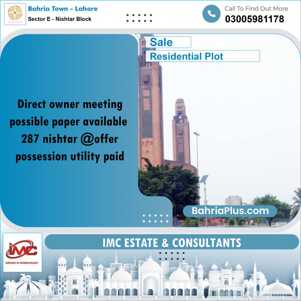 10 Marla Residential Plot for Sale in Sector E - Nishtar Block -  Bahria Town, Lahore - (BP-316559)