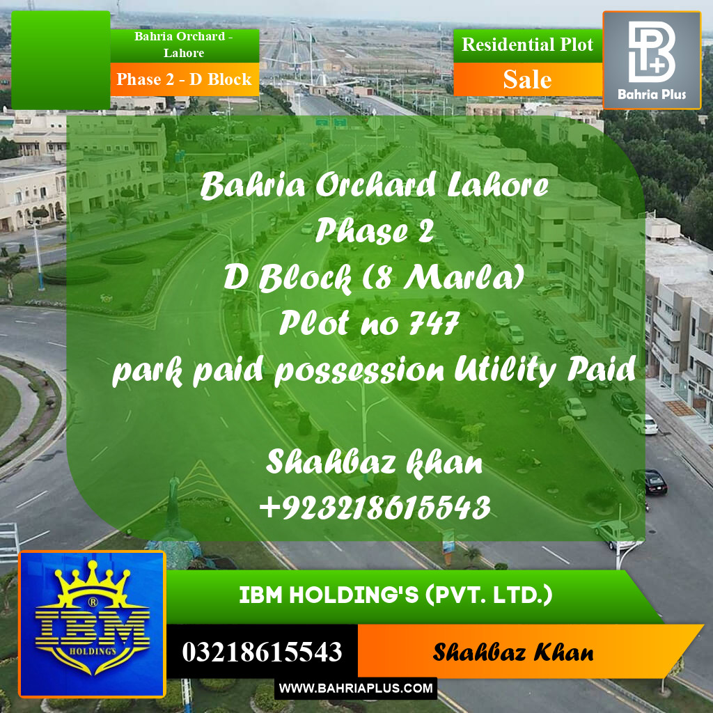 8 Marla Residential Plot for Sale in Phase 2 - D Block -  Bahria Orchard, Lahore - (BP-316670)