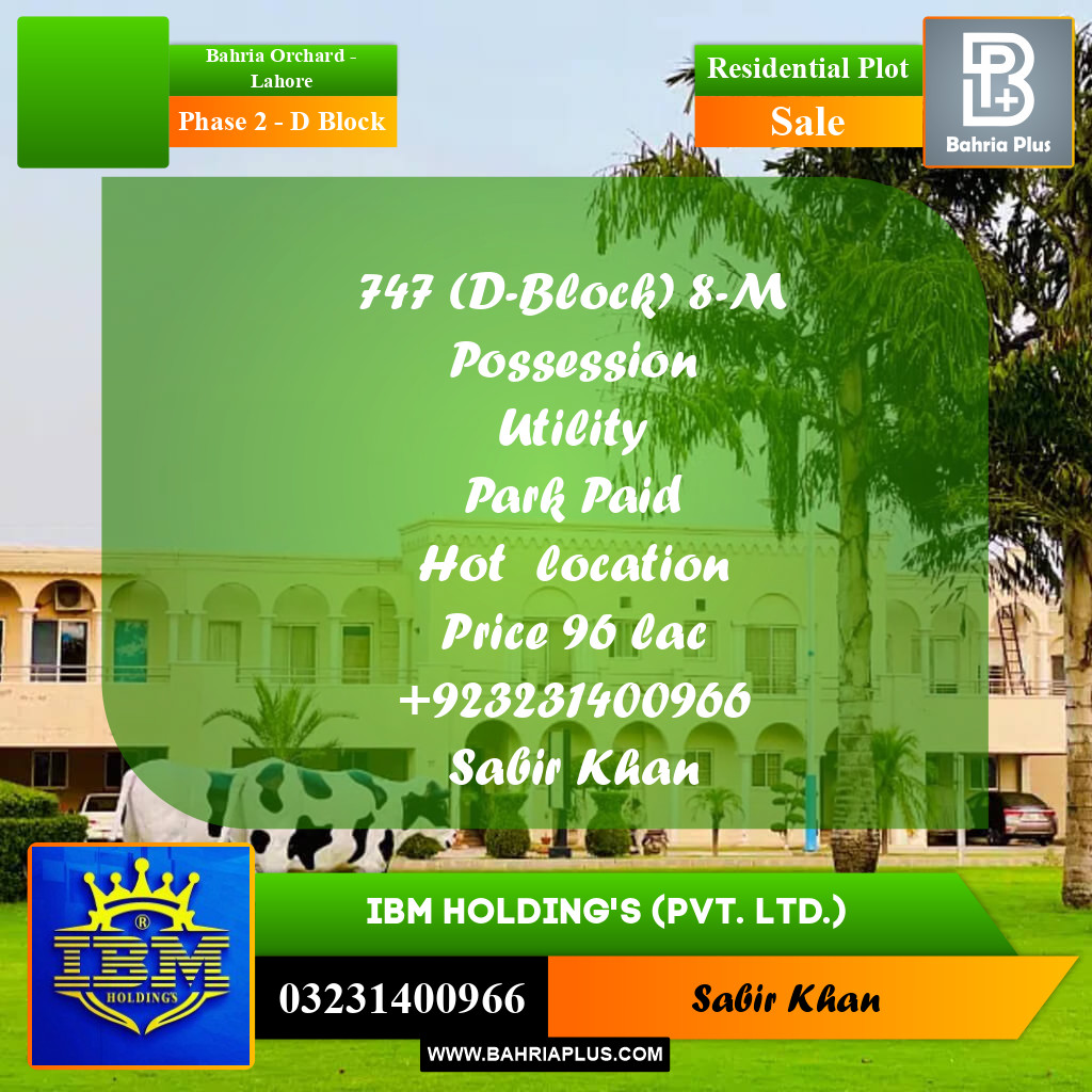8 Marla Residential Plot for Sale in Phase 2 - D Block -  Bahria Orchard, Lahore - (BP-316674)