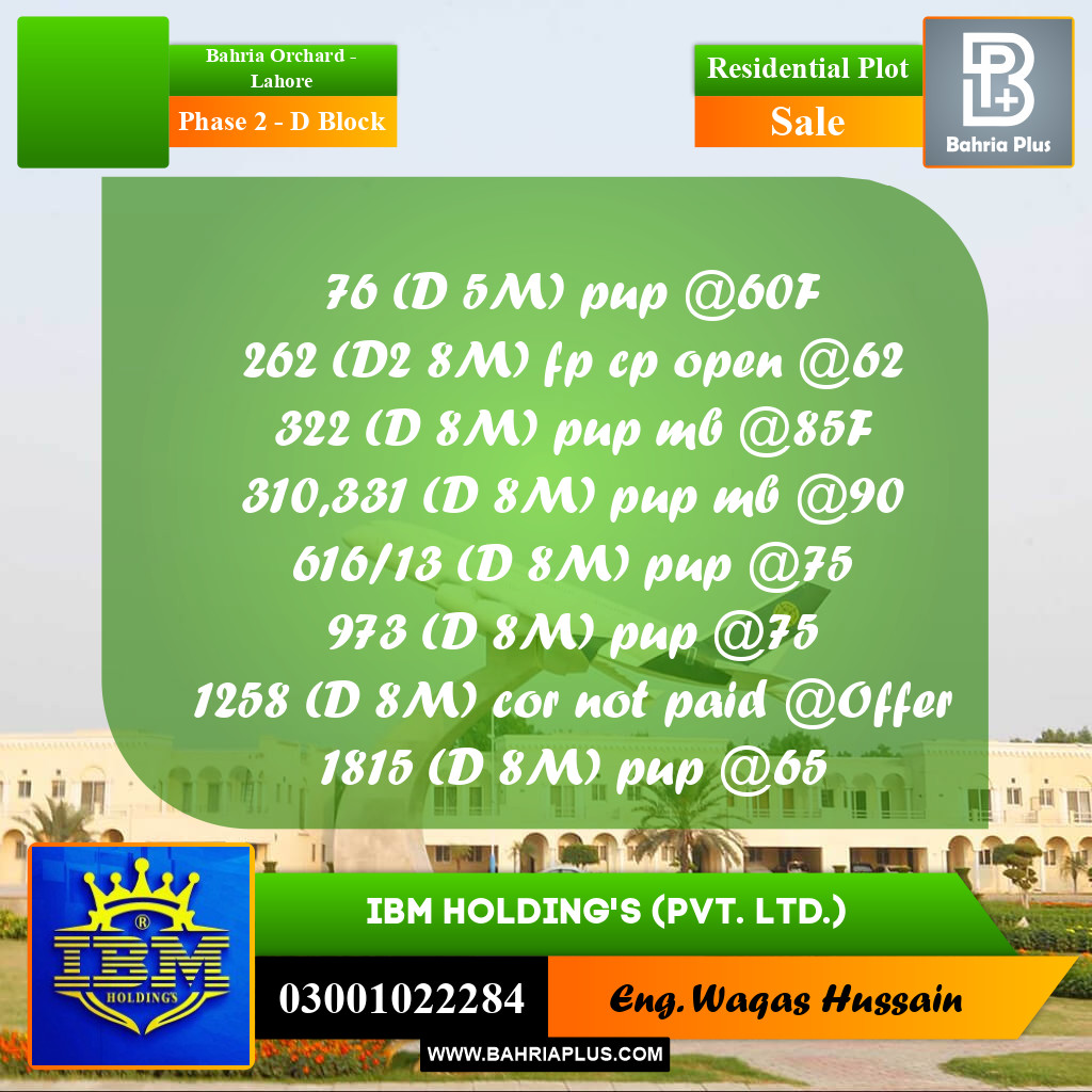 8 Marla Residential Plot for Sale in Phase 2 - D Block -  Bahria Orchard, Lahore - (BP-316683)