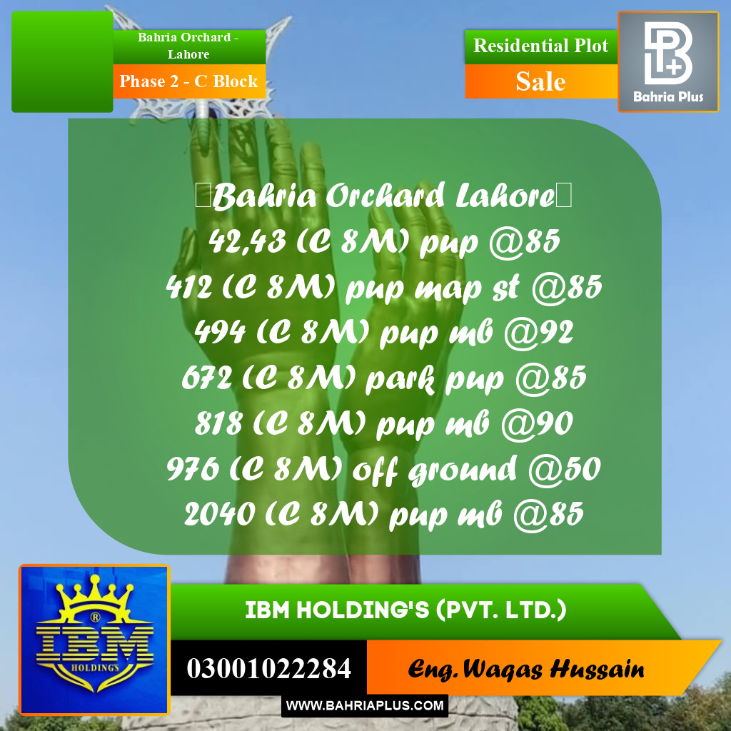 8 Marla Residential Plot for Sale in Phase 2 - C Block -  Bahria Orchard, Lahore - (BP-316821)