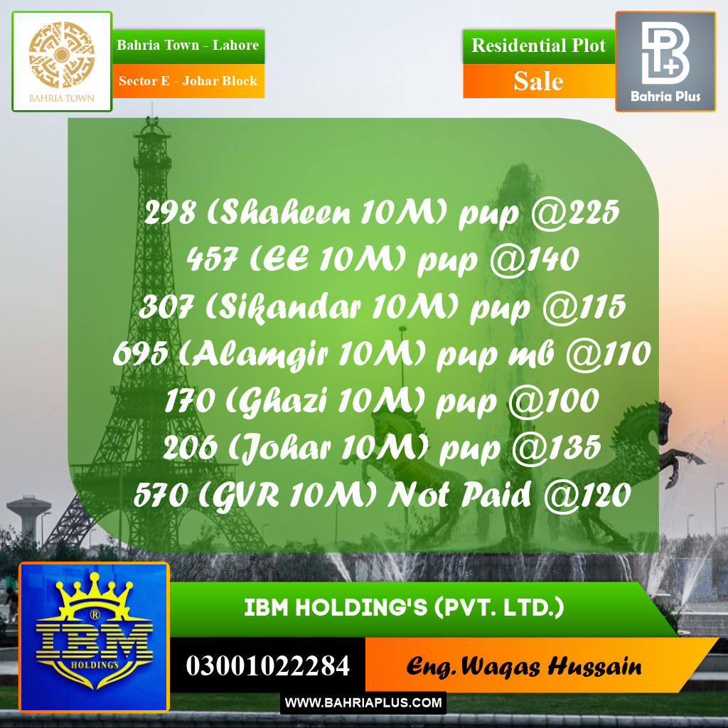 10 Marla Residential Plot for Sale in Sector E - Johar Block -  Bahria Town, Lahore - (BP-316823)
