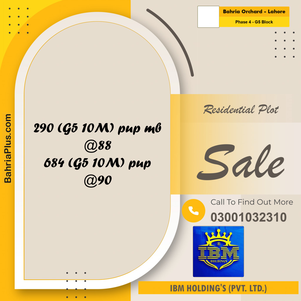 10 Marla Residential Plot for Sale in Phase 4 - G5 Block -  Bahria Orchard, Lahore - (BP-316874)
