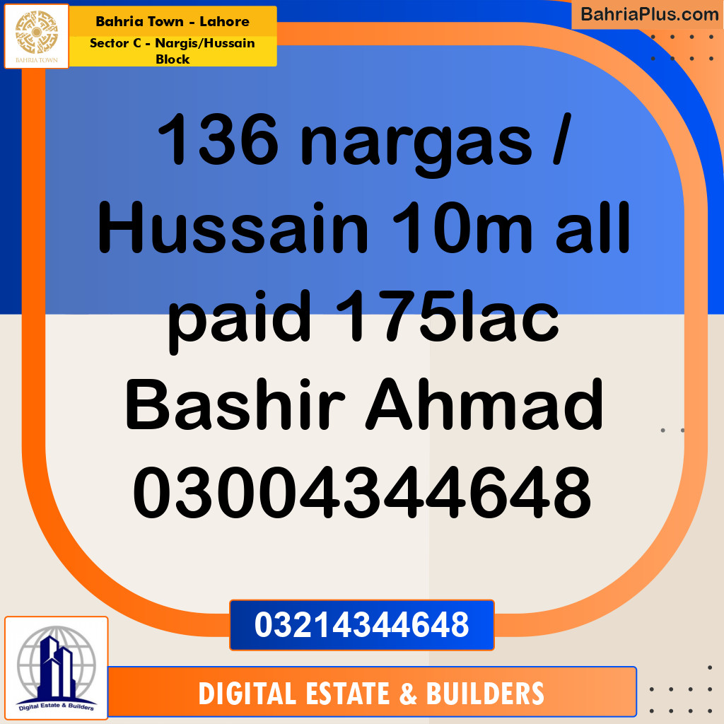 10 Marla Residential Plot for Sale in Sector C - Nargis/Hussain Block -  Bahria Town, Lahore - (BP-316886)
