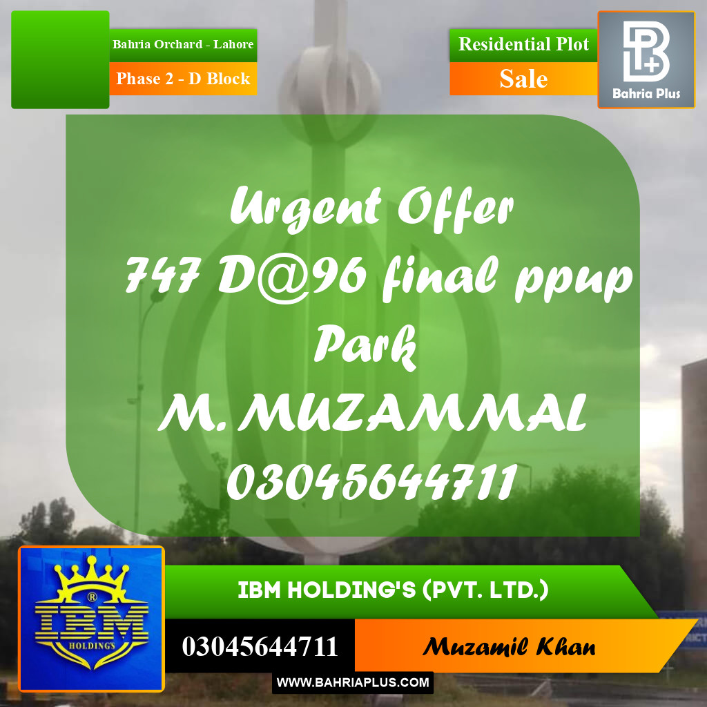 8 Marla Residential Plot for Sale in Phase 2 - D Block -  Bahria Orchard, Lahore - (BP-316926)