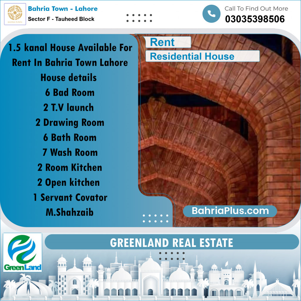 1.5 Kanal Residential House for Rent in Sector F - Tauheed Block -  Bahria Town, Lahore - (BP-317034)