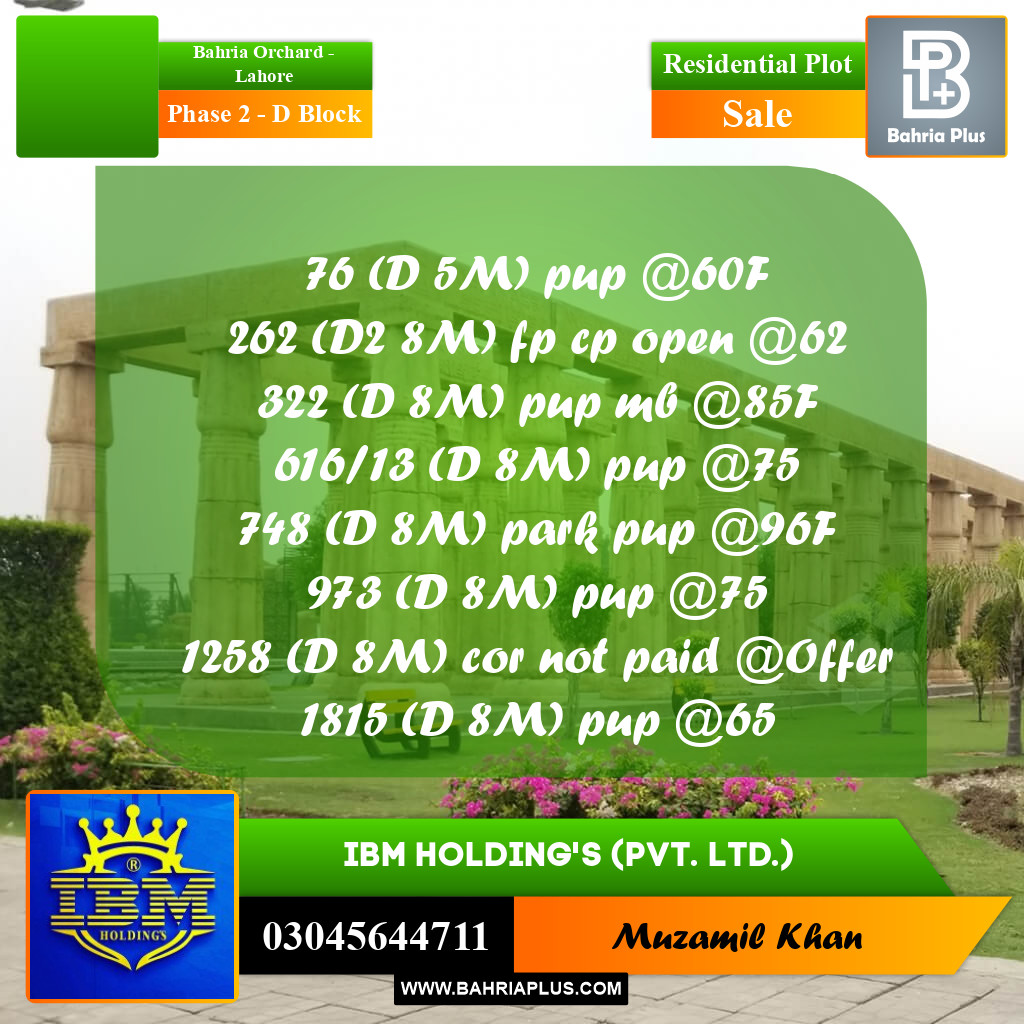 5 Marla Residential Plot for Sale in Phase 2 - D Block -  Bahria Orchard, Lahore - (BP-317389)