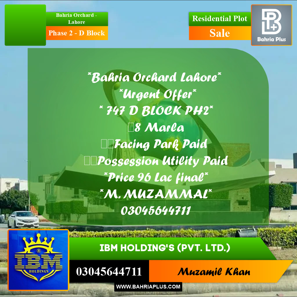 8 Marla Residential Plot for Sale in Phase 2 - D Block -  Bahria Orchard, Lahore - (BP-317506)