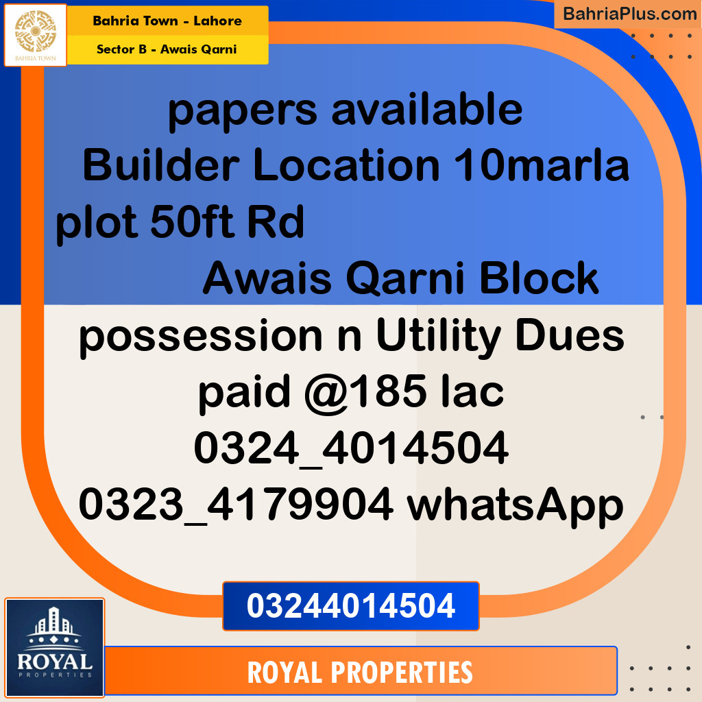 Residential Plot for Sale in Sector B - Awais Qarni -  Bahria Town, Lahore - (BP-317513)