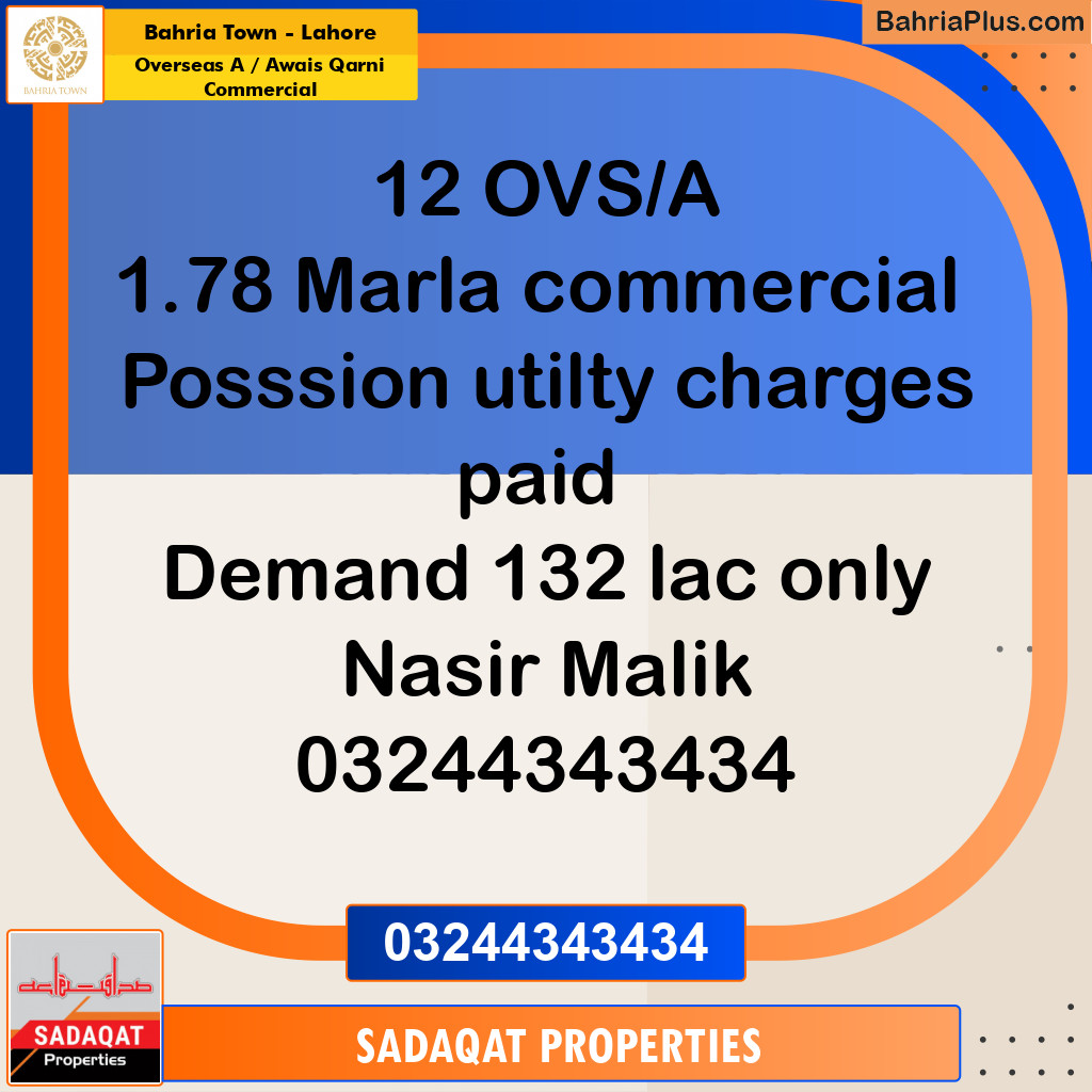 1.78 Kanal Commercial Plot for Sale in Overseas A / Awais Qarni Commercial -  Bahria Town, Lahore - (BP-317523)