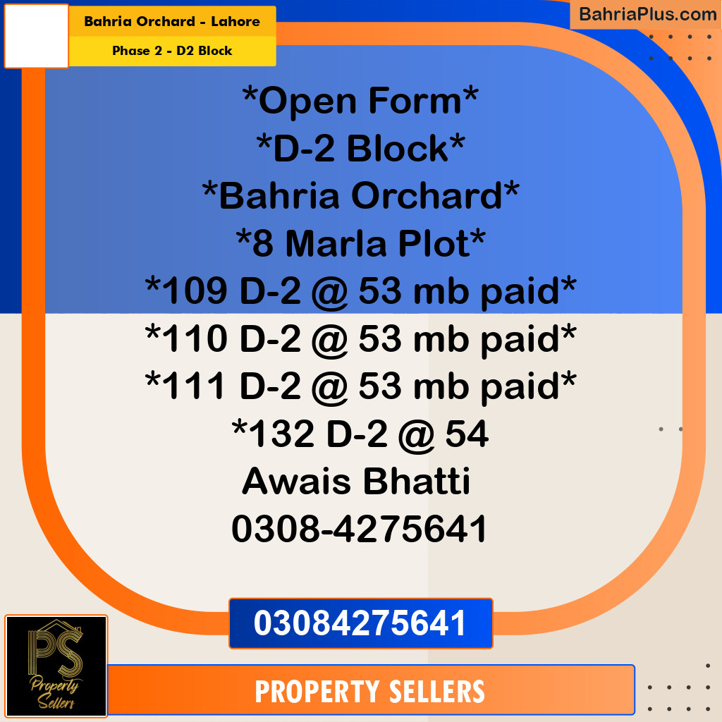 8 Marla Residential Plot for Sale in Phase 2 - D2 Block -  Bahria Orchard, Lahore - (BP-317601)